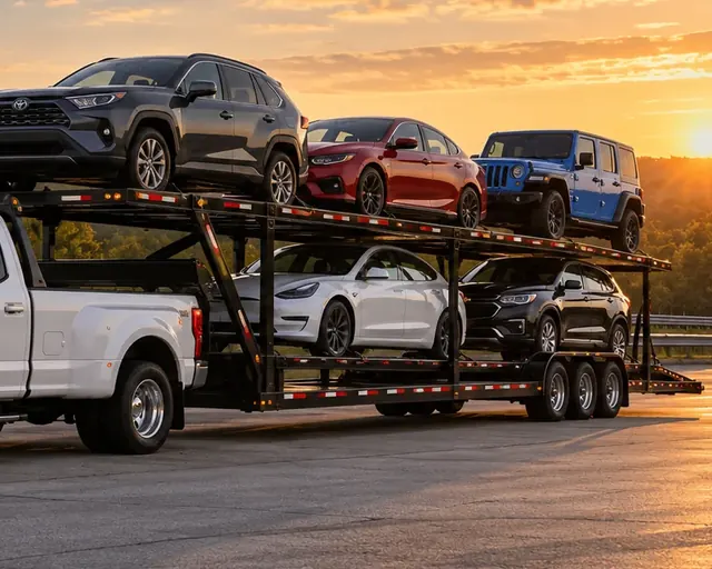 Two-level car hauler loaded with five vehicles, hitched to the bed of a white F-350 dually
